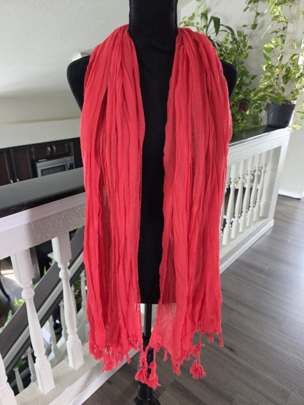 Women's coral Solid Rectangle Scarf Wrap, Lightweight Tassel Fringe Accents - Picture 2 of 5